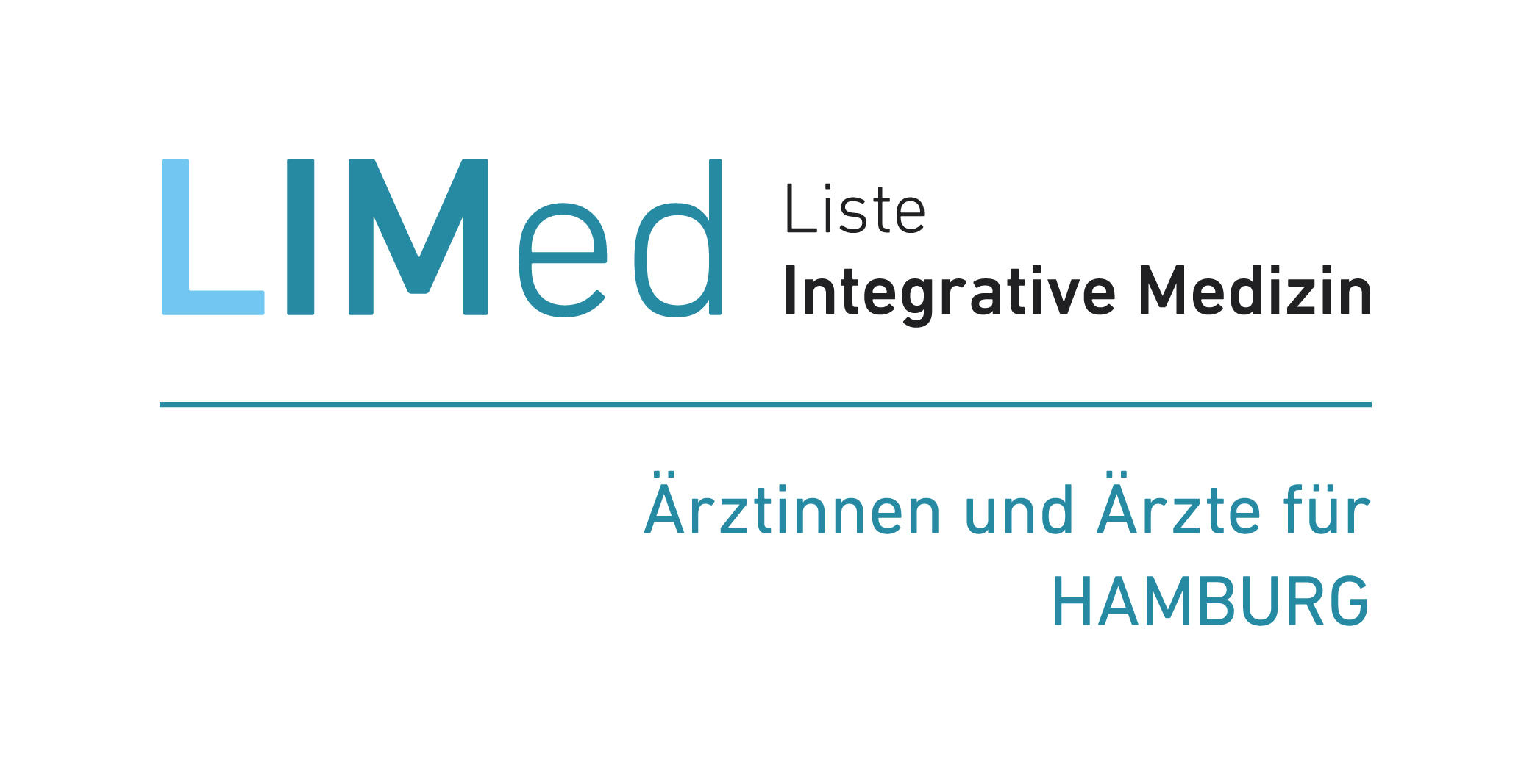 Gezeigt wird das Logo der LIMed Hamburg mit dem Schriftzug Ärztinnen und Ärzte für Hamburg in blau auf weißem Grund.