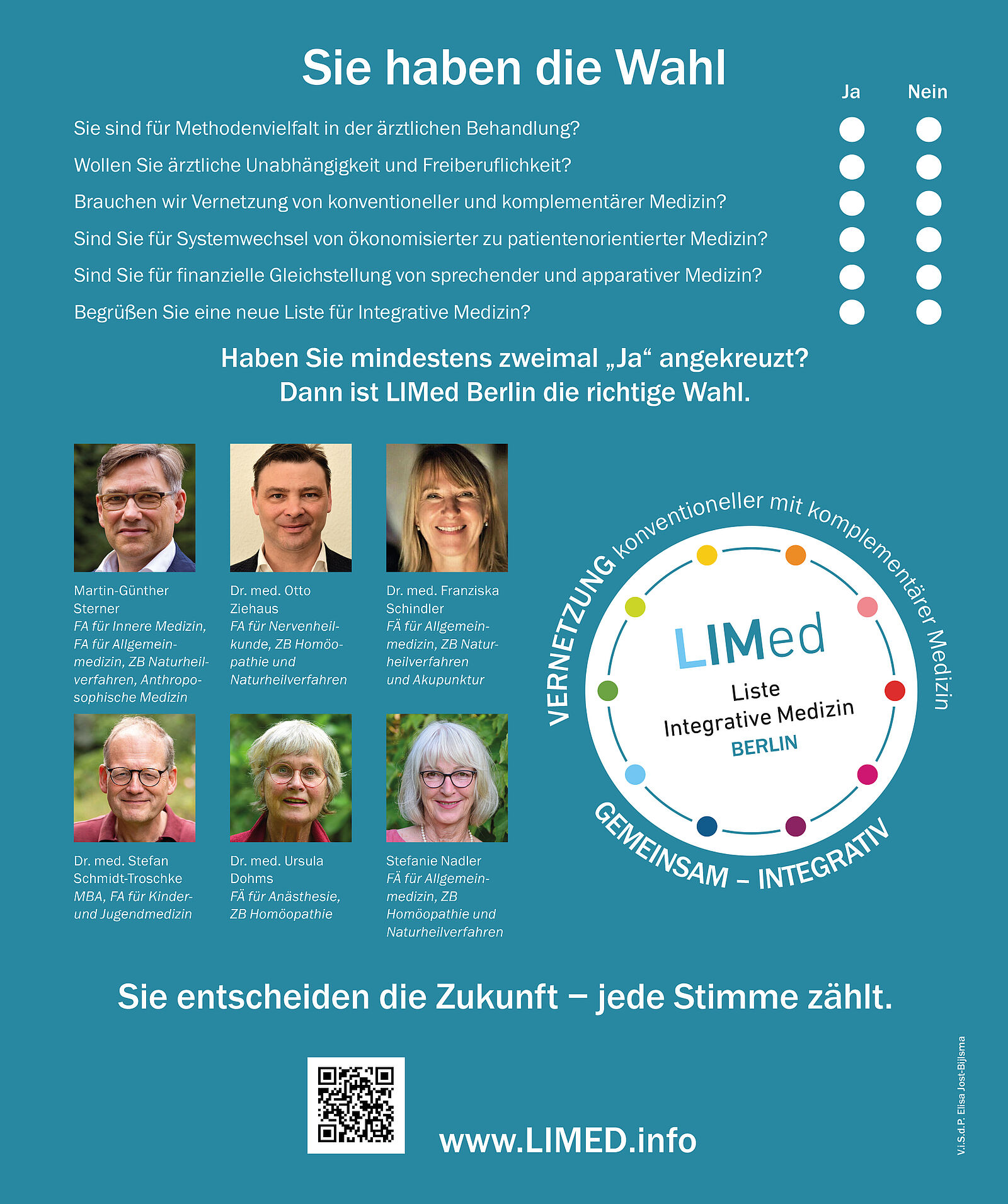Hier ist die Anzeige für die LIMed Berlin zu sehen, mit allen 6 Kandidierenden, dem Logo und einem Wahl-o-maten.