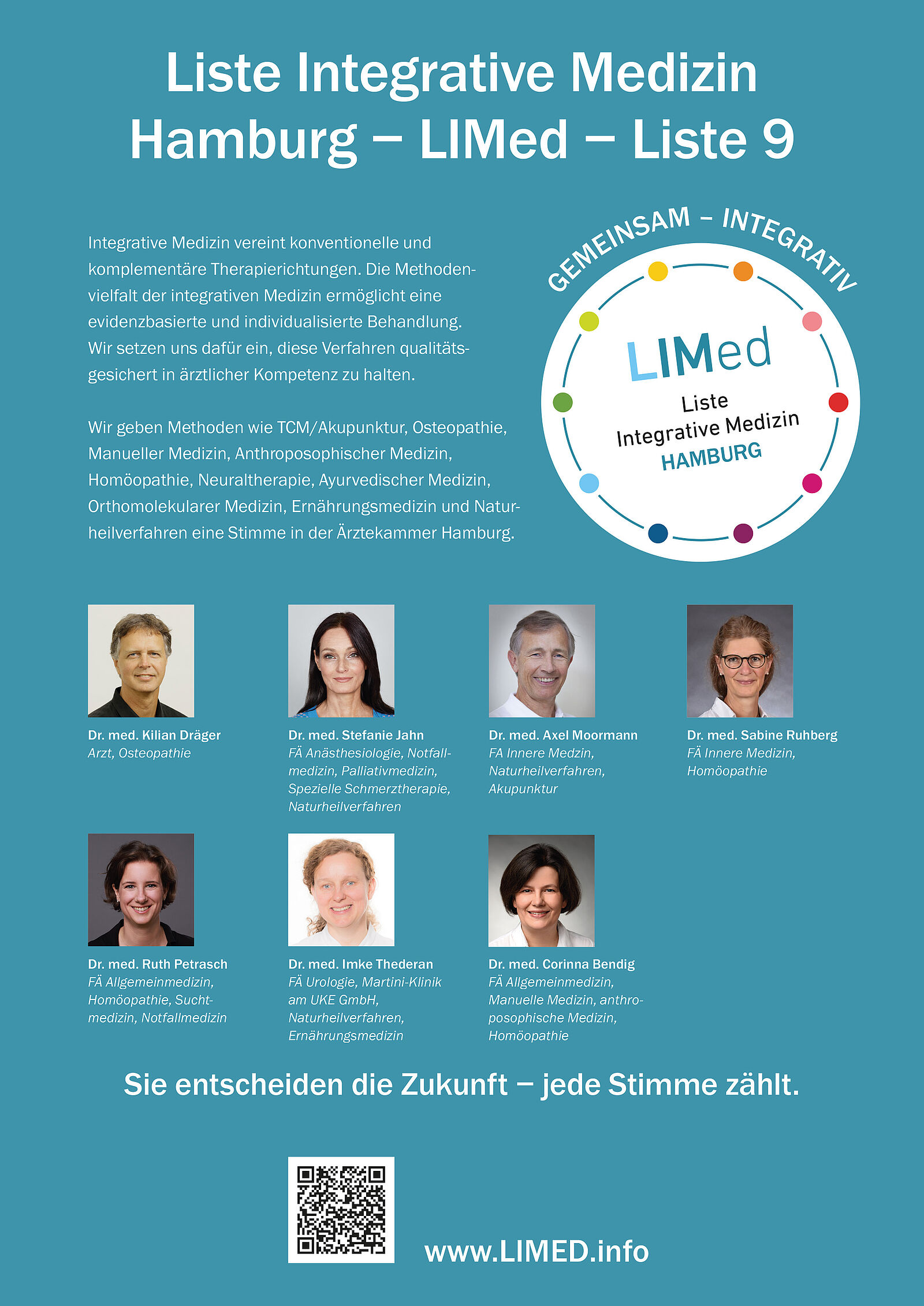 Die Abbildung zeigt die Kandidierenden und die Ziele der Liste 9, der Liste Integrative Medizin bei den Kammerwahlen Hamburg.